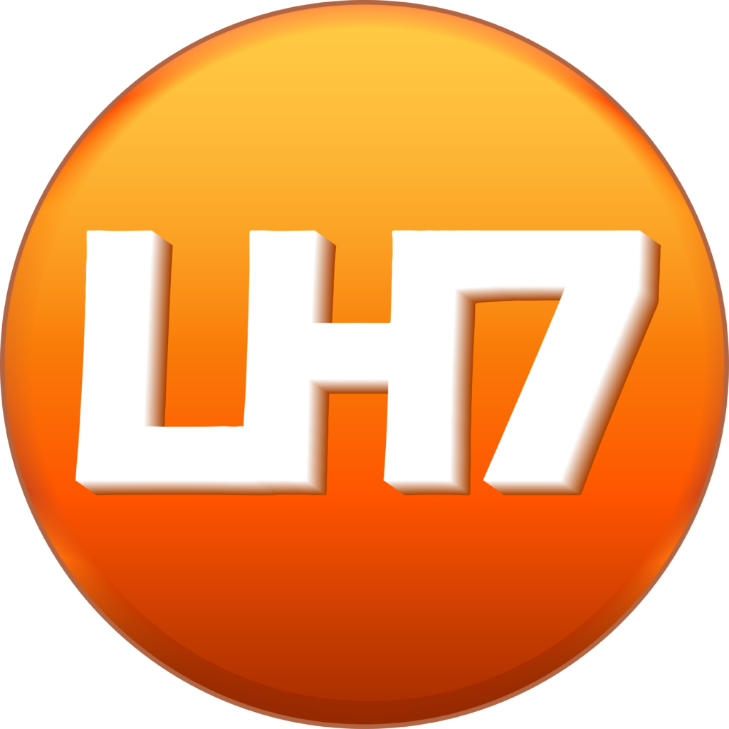 het wit LH7 logo met een oranje cirkel achtergrond