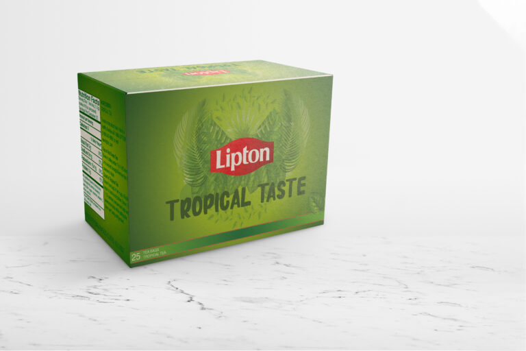 een mock up van een tropical lipton theedoos in het groen