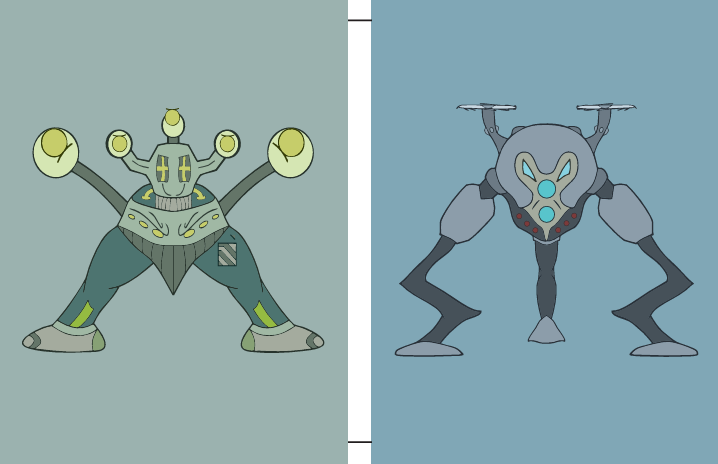 Twee geillustreerde robots als groen stomp robot en blauw hunter robot