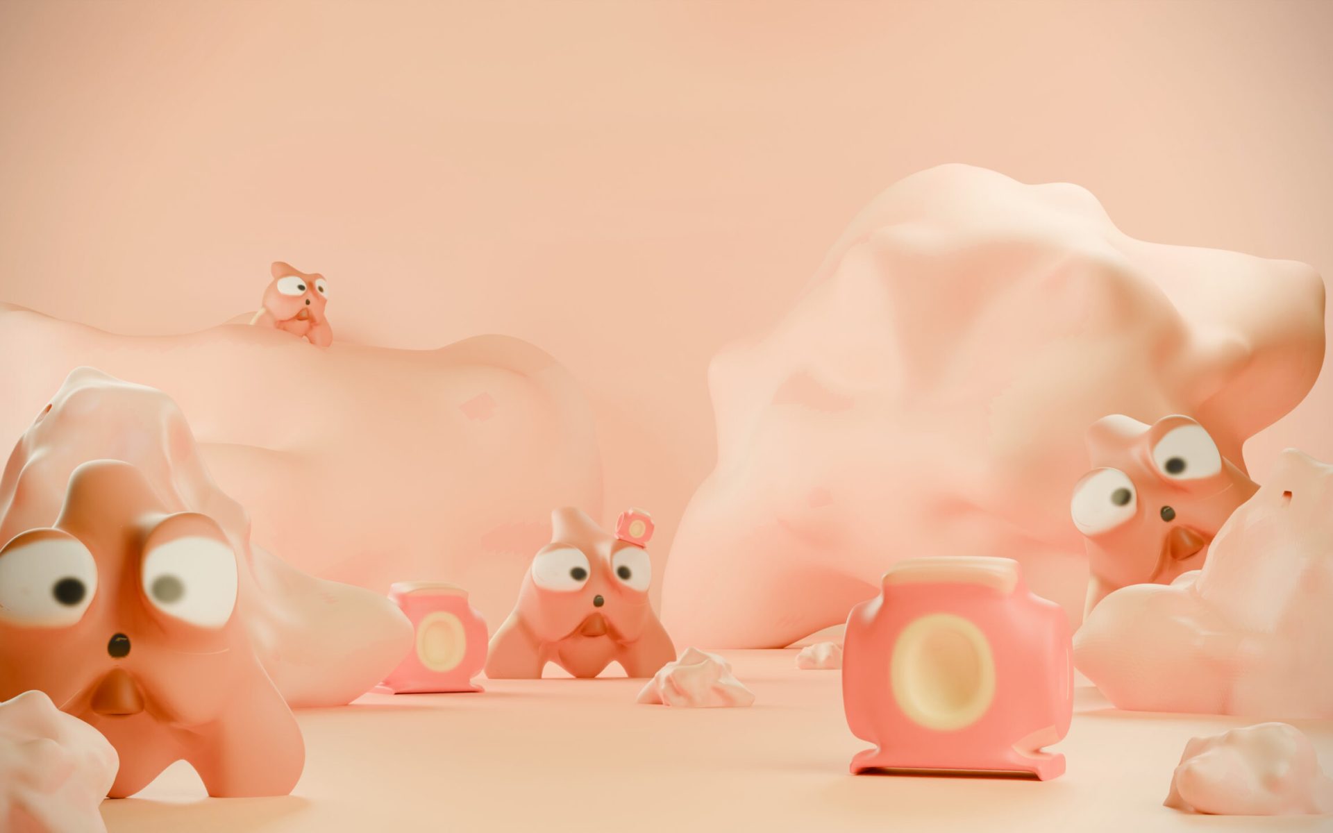 een render van oranje clumps en rode helm door blender