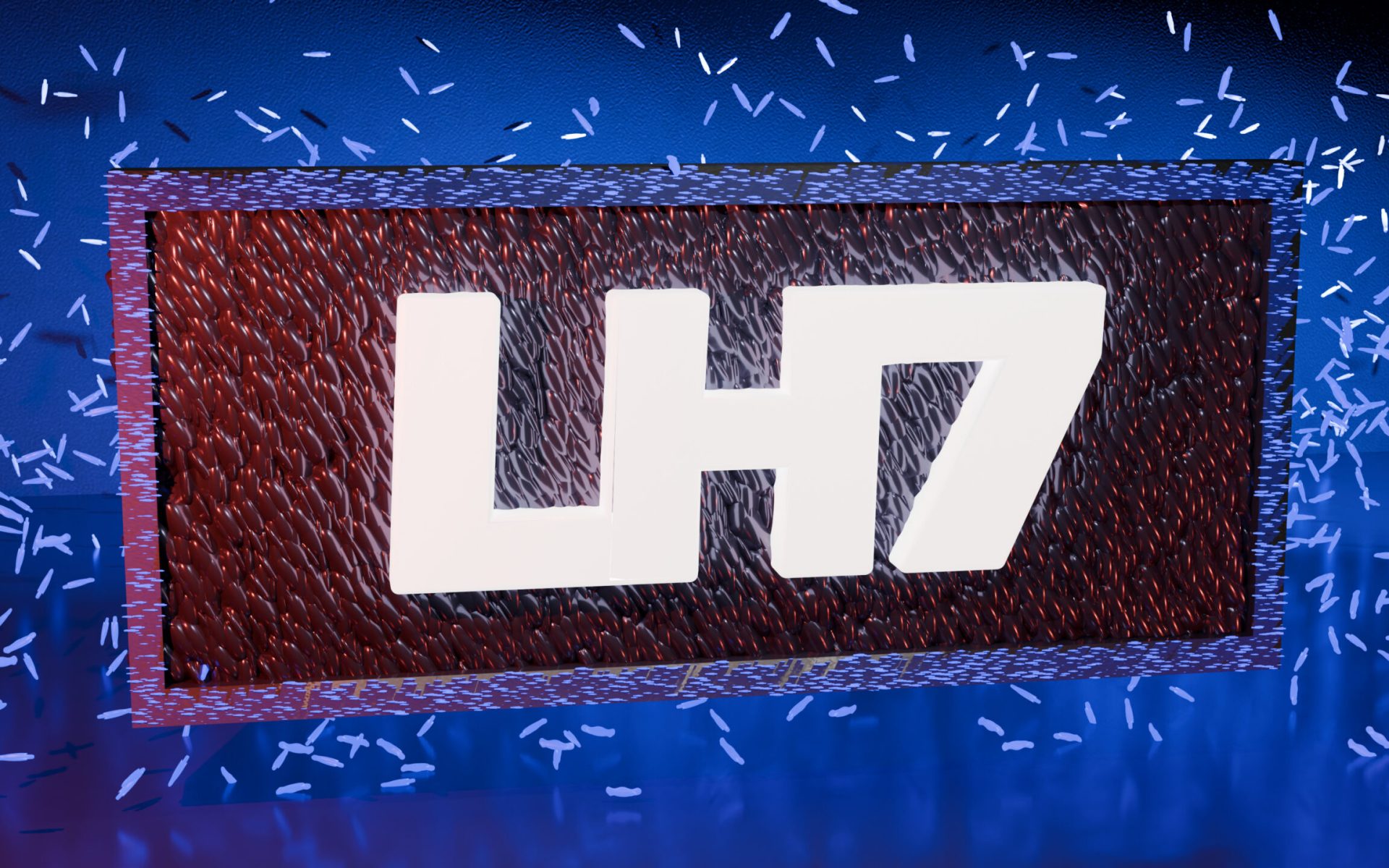 een render van LH7 logo met belichte blauwe particles door blender