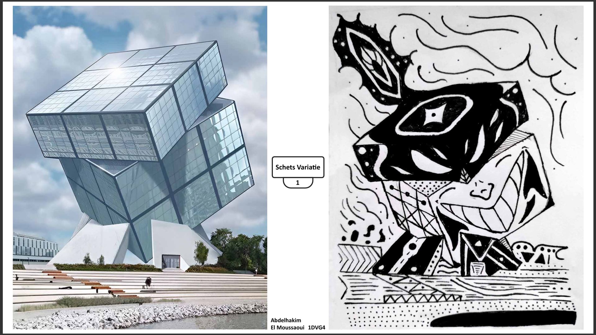 verschil tussen foto en schets van een rubix cube gebouw