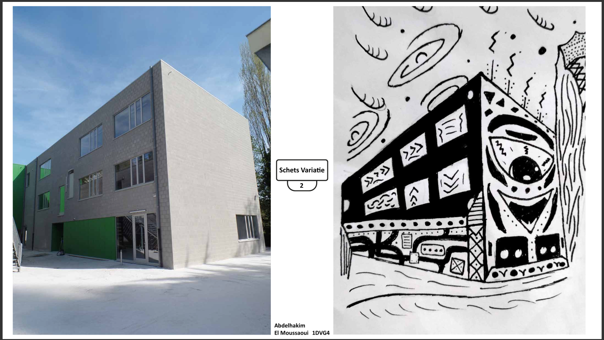 verschil tussen foto en schets van een school gebouw