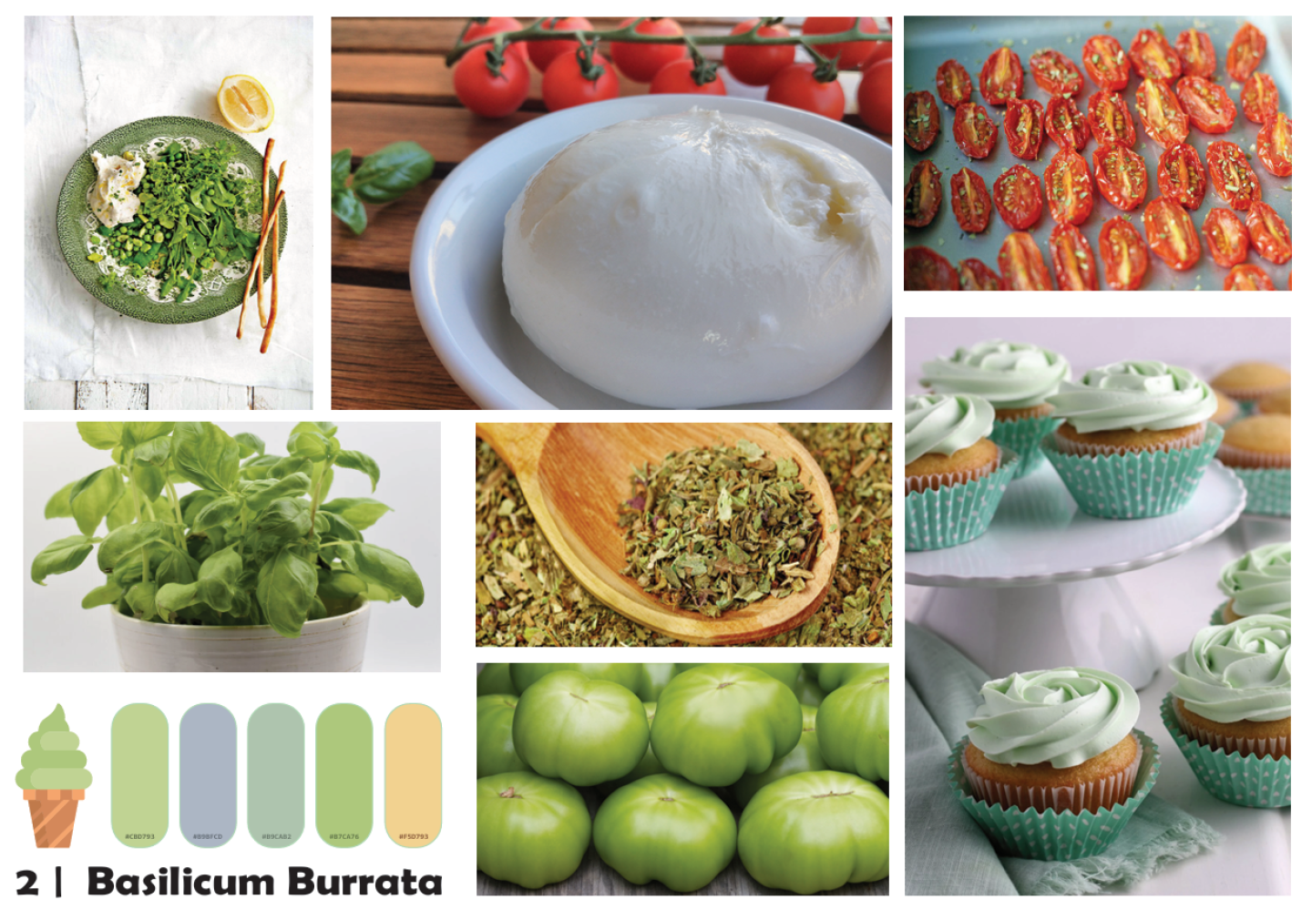 een moodboard van basilicum en burrata