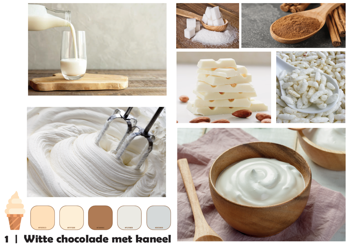 een moodboard van witte chocolade met kaneel