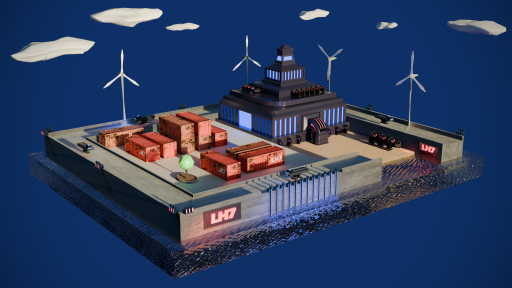 een volledige render van een diorama met containers, windmolens en een energiegebouw