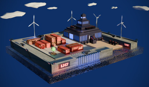 een volledige render van een diorama met containers, windmolens en een energiegebouw