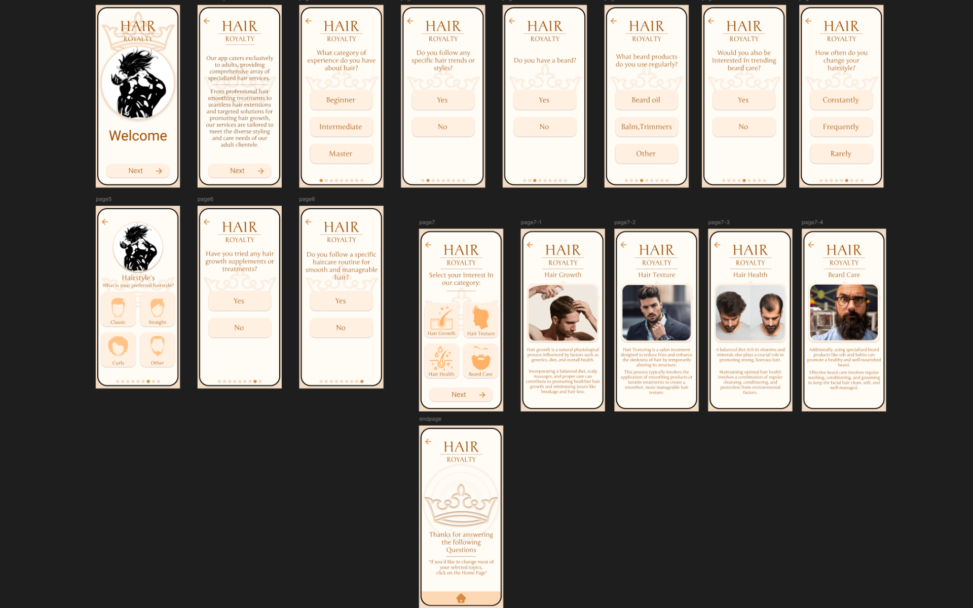 een uitgewerkt high fidelity van een survey voor een hair app