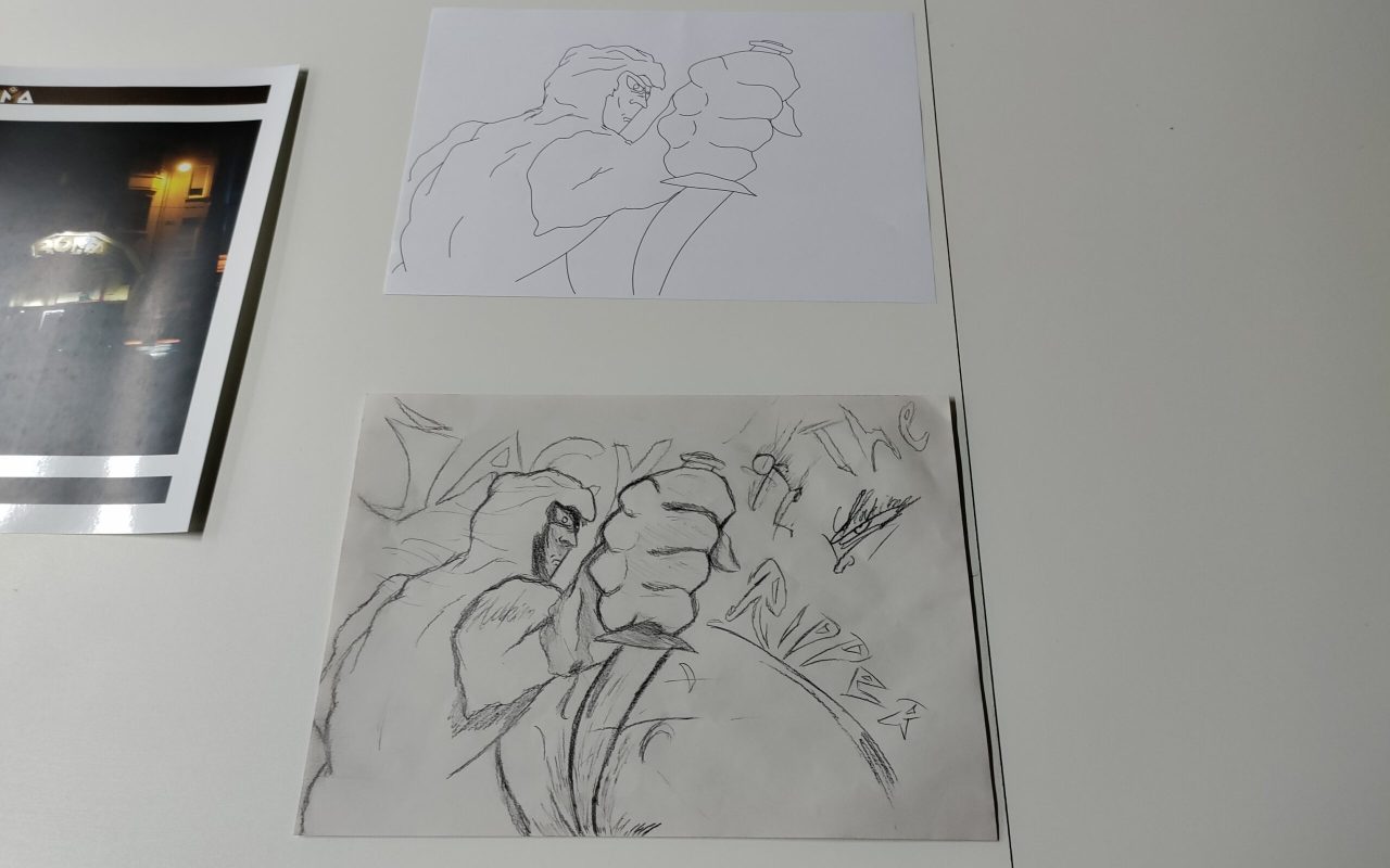 Schets en digitalisatie van jack the rippen op papier en geprint