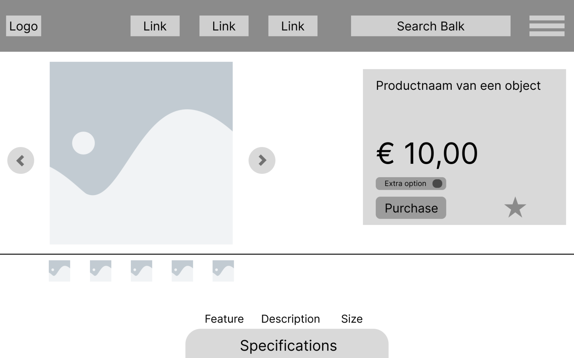 een mid fidelity concept van de productpagina voor brillen