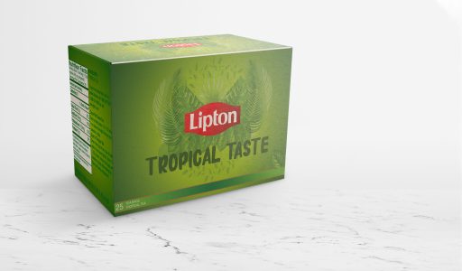 een mock up van een tropical lipton theedoos in het groen