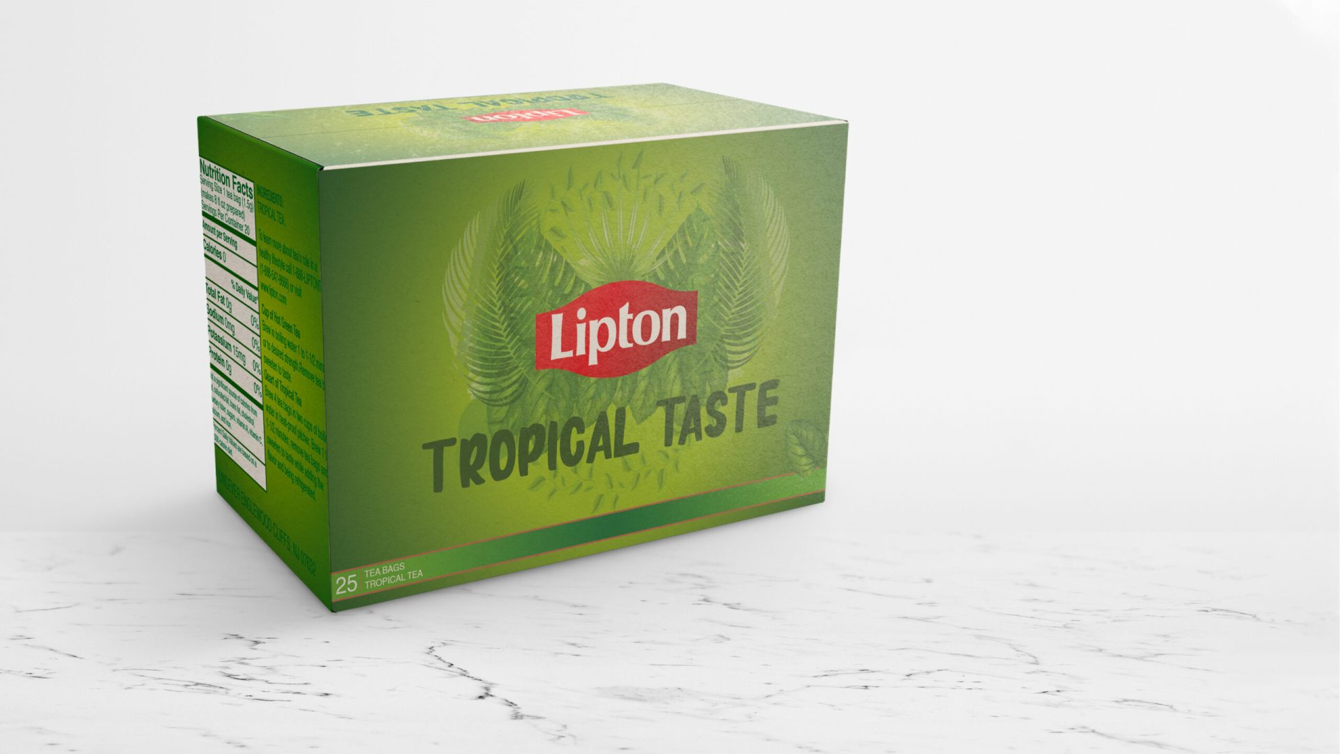 een mock up van een tropical lipton theedoos in het groen