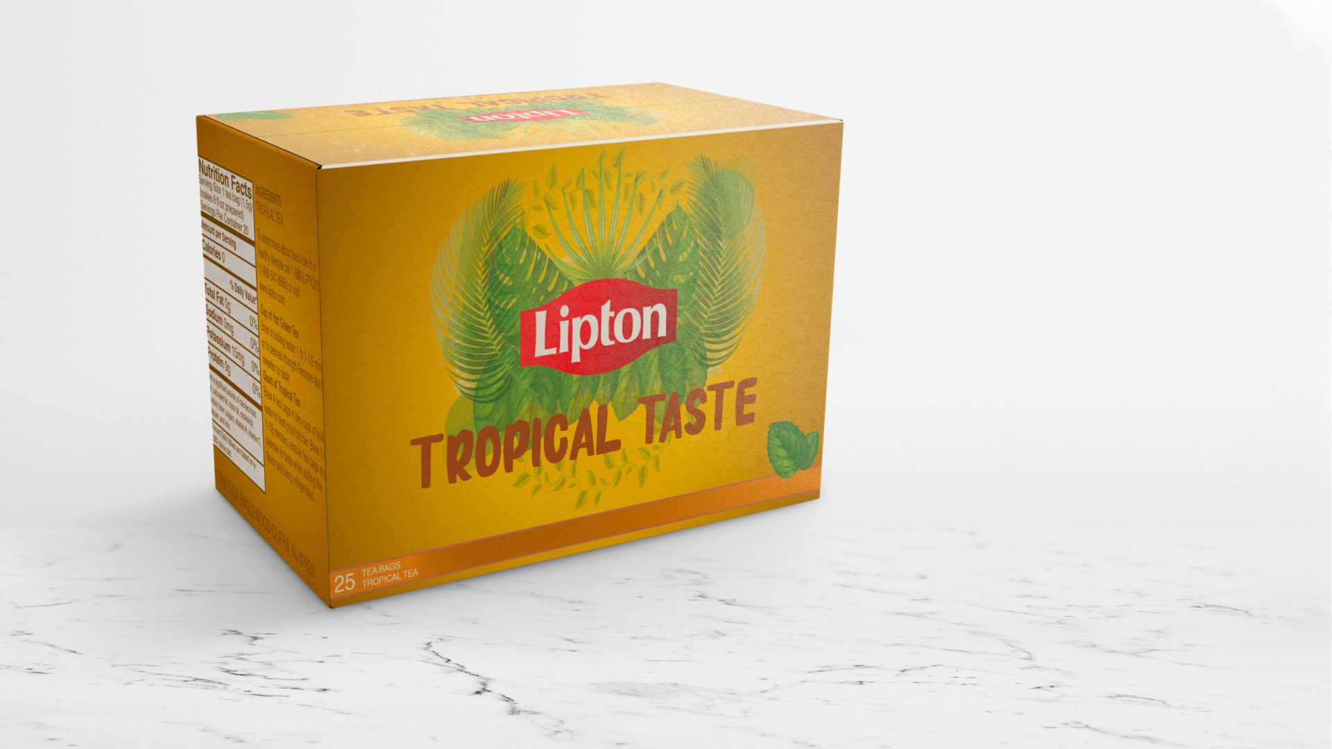 een mock up van een tropical lipton theedoos in het oranje