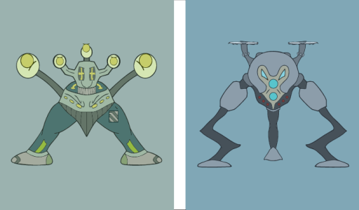 Twee geillustreerde robots als groen stomp robot en blauw hunter robot